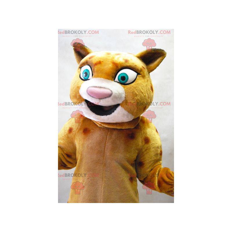 Mascota de leopardo beige naranja con grandes ojos verdes -