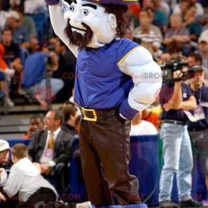 Muscular pirate man mascot in blue and black outfit -