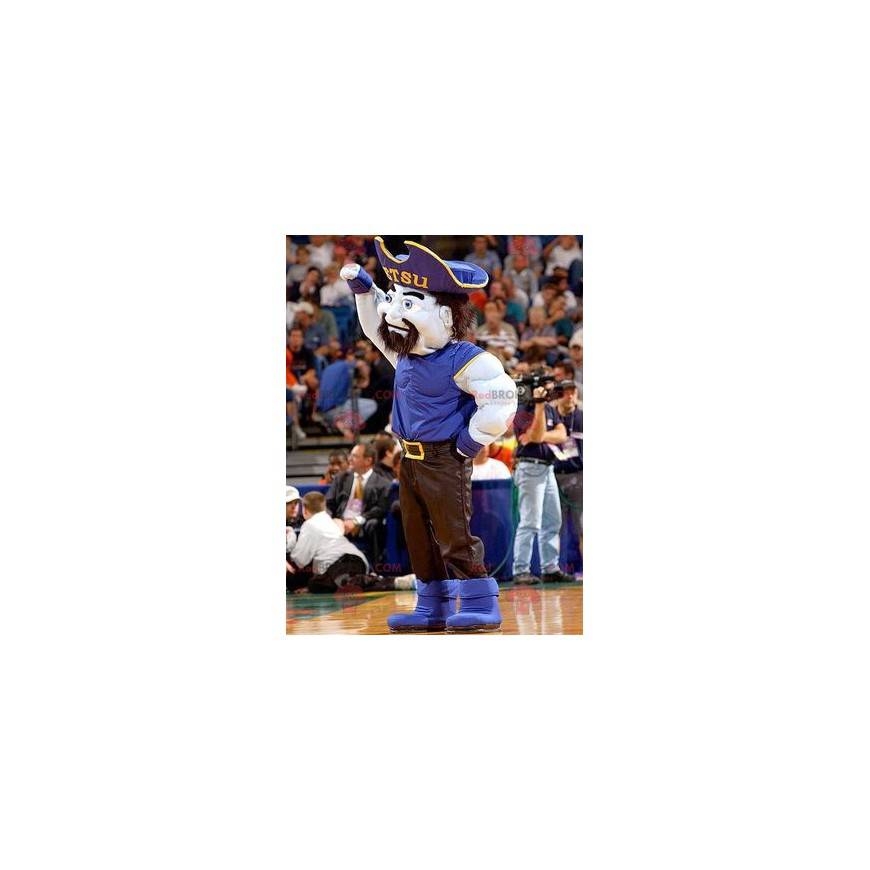 Muscular pirate man mascot in blue and black outfit -