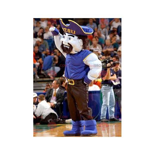 Muscular pirate man mascot in blue and black outfit -