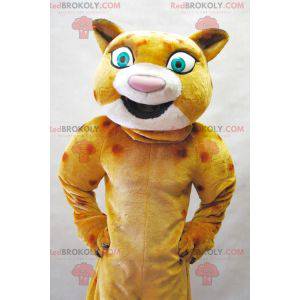Mascote leopardo laranja bege com grandes olhos verdes -