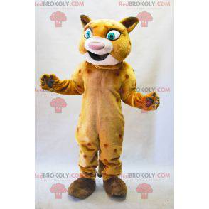 Mascote leopardo laranja bege com grandes olhos verdes -