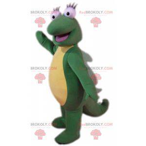 Gigante e divertente mascotte dinosauro verde e giallo -