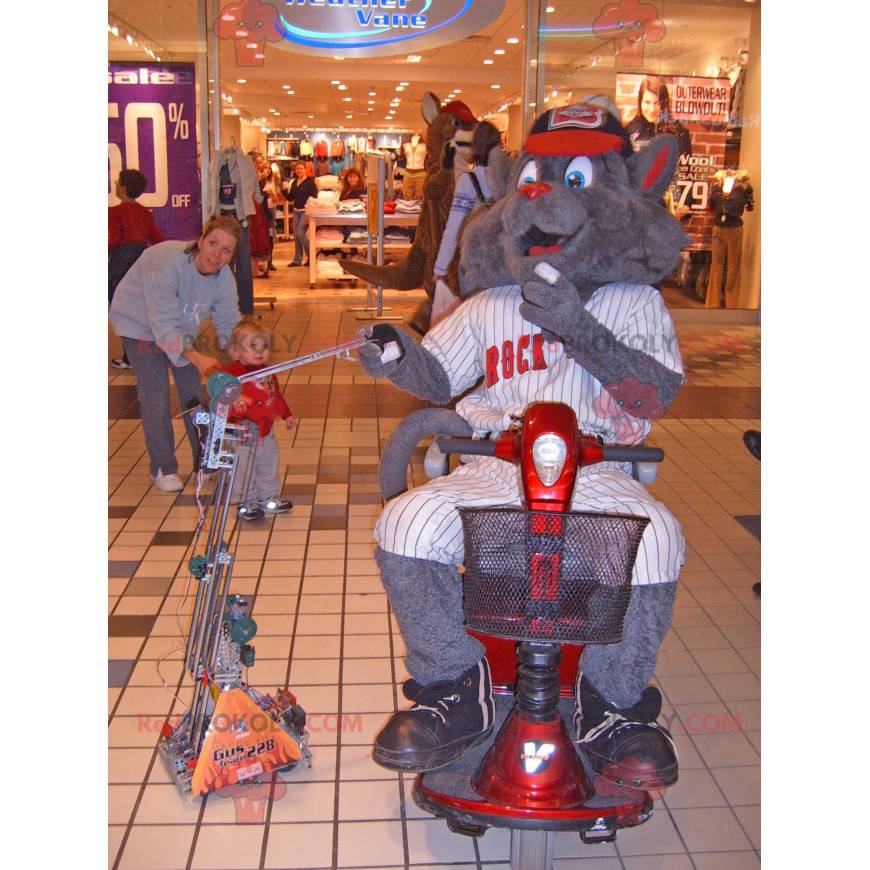 Giant gray cat mascot in hockey gear - Redbrokoly.com