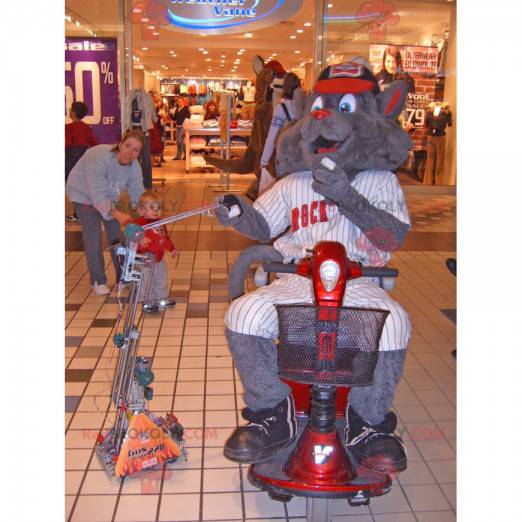 Mascotte de chat gris géant en tenue de hockey - Redbrokoly.com