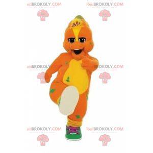 Mascote dinossauro laranja e amarelo com tênis - Redbrokoly.com