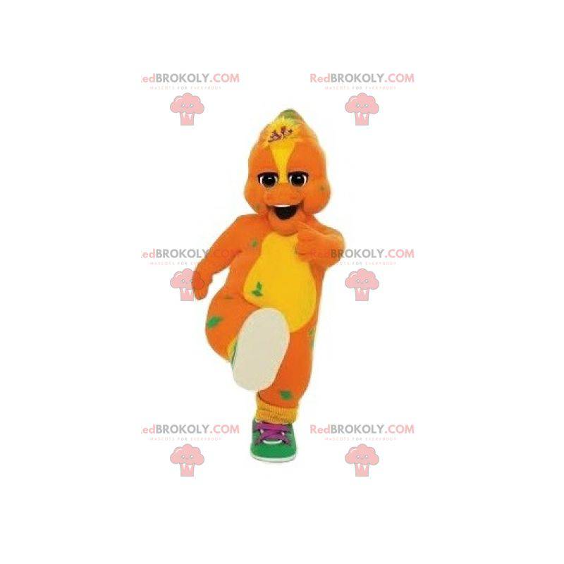 Mascote dinossauro laranja e amarelo com tênis - Redbrokoly.com