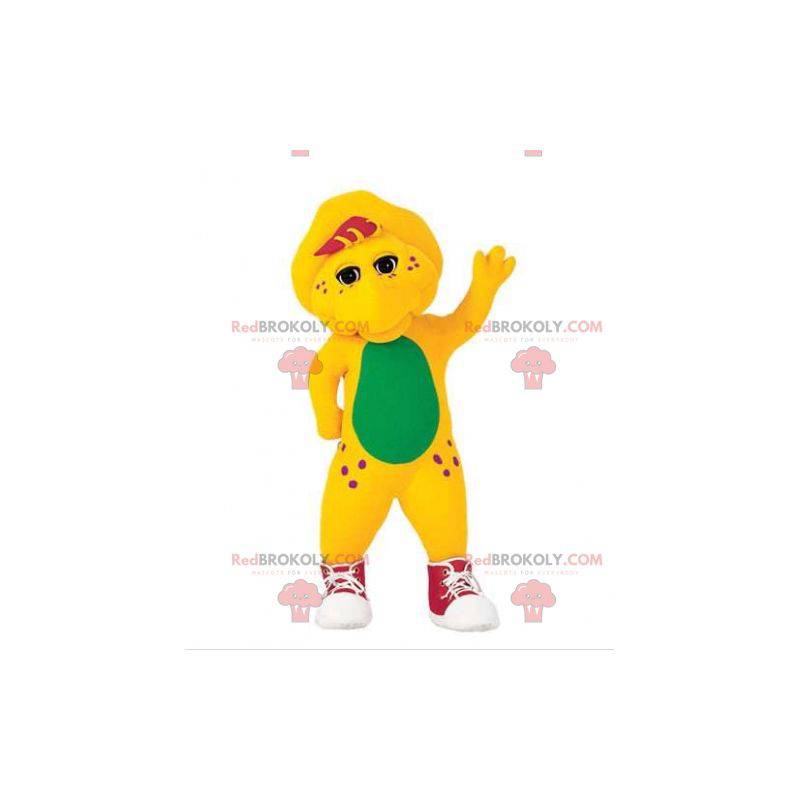 Mascote de dinossauro amarelo e verde com tênis - Redbrokoly.com