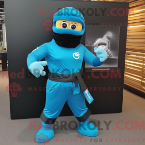 Cyan Ninja-maskotdraktfigur...