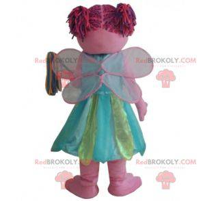 Smiling pink fairy mascot with a colorful dress - Redbrokoly.com