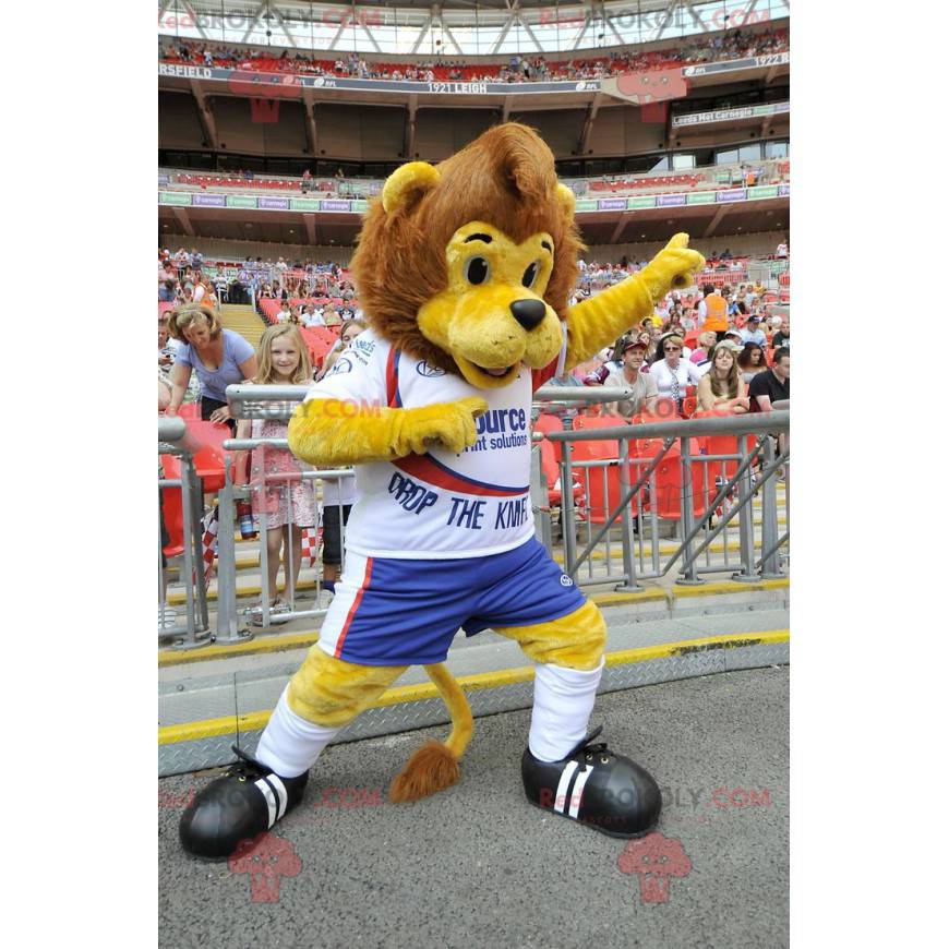 Mascotte de lion marron et jaune en tenue de sport -