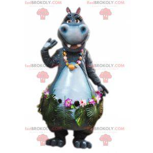 Mascotte d'hippopotame gris avec une jupe exotique -