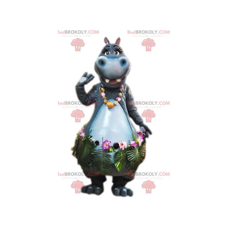 Mascotte d'hippopotame gris avec une jupe exotique -