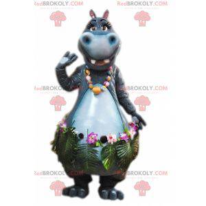 Mascot grijs nijlpaard met een exotische rok - Redbrokoly.com