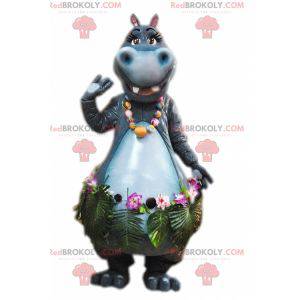 Mascotte ippopotamo grigio con una gonna esotica -