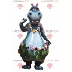 Mascotte d'hippopotame gris avec une jupe exotique -