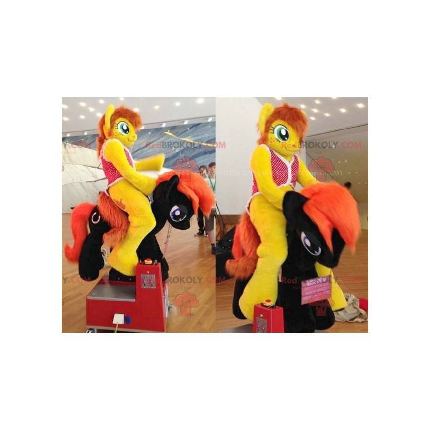 Mascotte de poney jaune et rouge aux yeux bleus - Redbrokoly.com