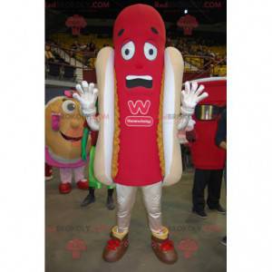 Mascotte gigante di hot dog rosso e beige