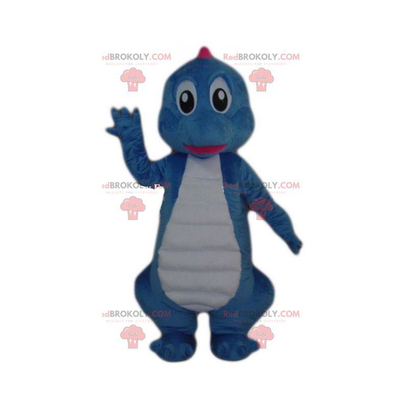 Mascote gigante de dinossauro azul e branco - Redbrokoly.com