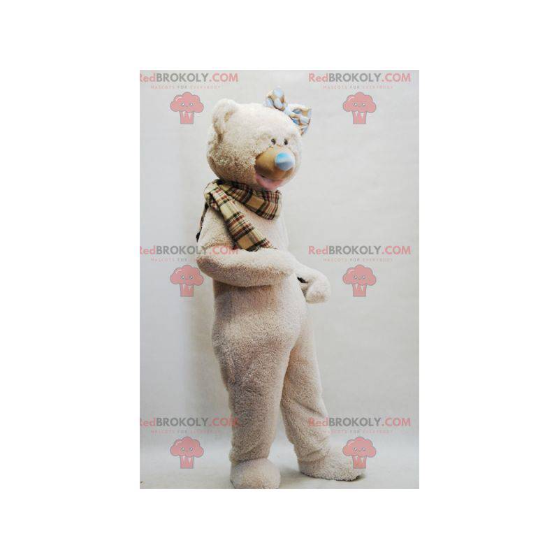 Beige bamse maskot med rutete skjerf - Redbrokoly.com