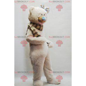 Beige teddy bear mascot with a plaid scarf - Redbrokoly.com