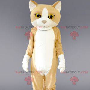 Mascote gigante de gato bege e branco. Fantasia de gato -