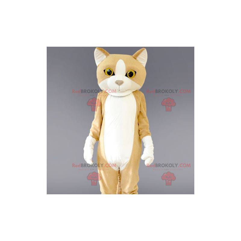 Reusachtige beige en witte kat mascotte. Kat kostuum -