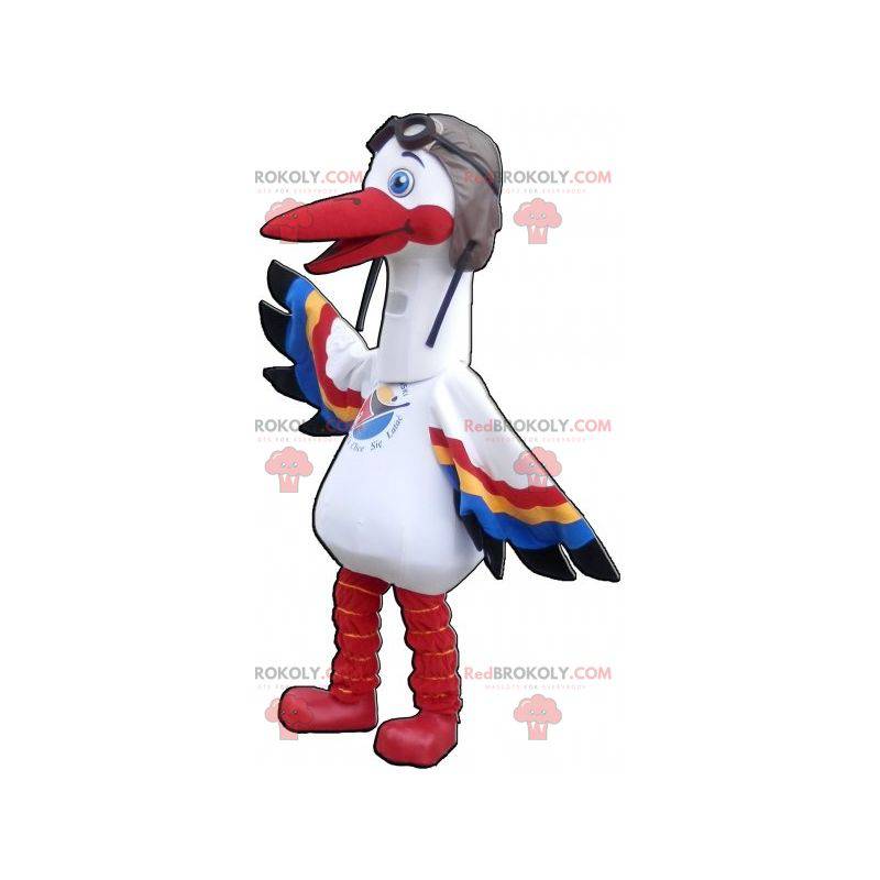 Mascotte de cigogne blanche avec des ailes multicolores -