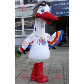 Mascotte de cigogne blanche avec des ailes multicolores -