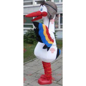 Mascotte de cigogne blanche avec des ailes multicolores -