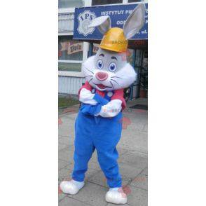 Mascotte de lapin gris et blanc avec une salopette et un casque