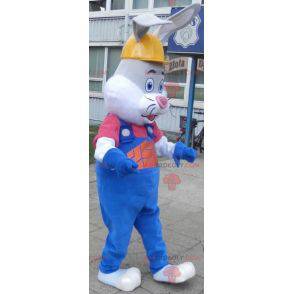 Gray and white rabbit mascot with overalls and headphones -