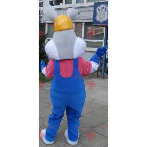 Mascotte coniglio grigio e bianco con tuta e cuffie -