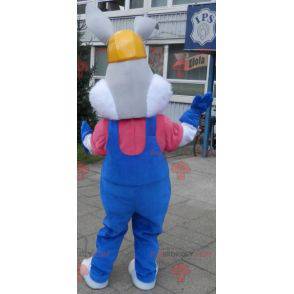 Grijs en wit konijn mascotte met overall en koptelefoon -