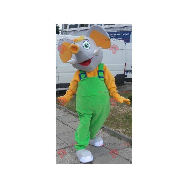Mascota elefante gris y amarillo vestida con un mono -