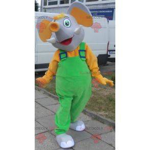 Mascote elefante cinza e amarelo vestido de macacão -