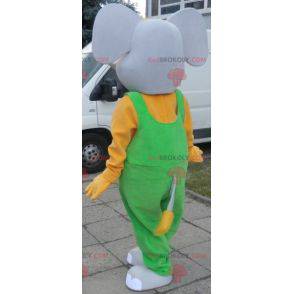 Mascote elefante cinza e amarelo vestido de macacão -