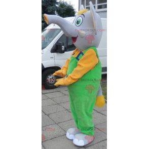 Mascote elefante cinza e amarelo vestido de macacão -