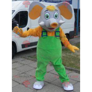 Mascote elefante cinza e amarelo vestido de macacão -