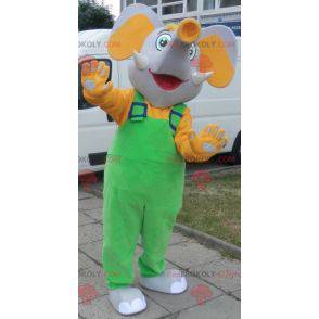 Mascote elefante cinza e amarelo vestido de macacão -
