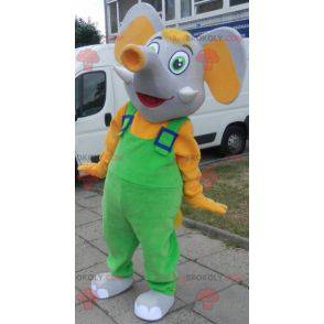 Mascote elefante cinza e amarelo vestido de macacão -