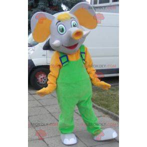 Mascote elefante cinza e amarelo vestido de macacão -