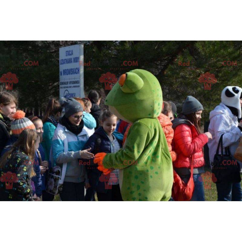 Velmi realistický bílý a oranžově zelený žabí maskot -