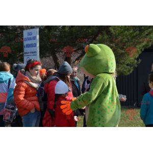 Mascotte de grenouille verte blanche et orange très réaliste -