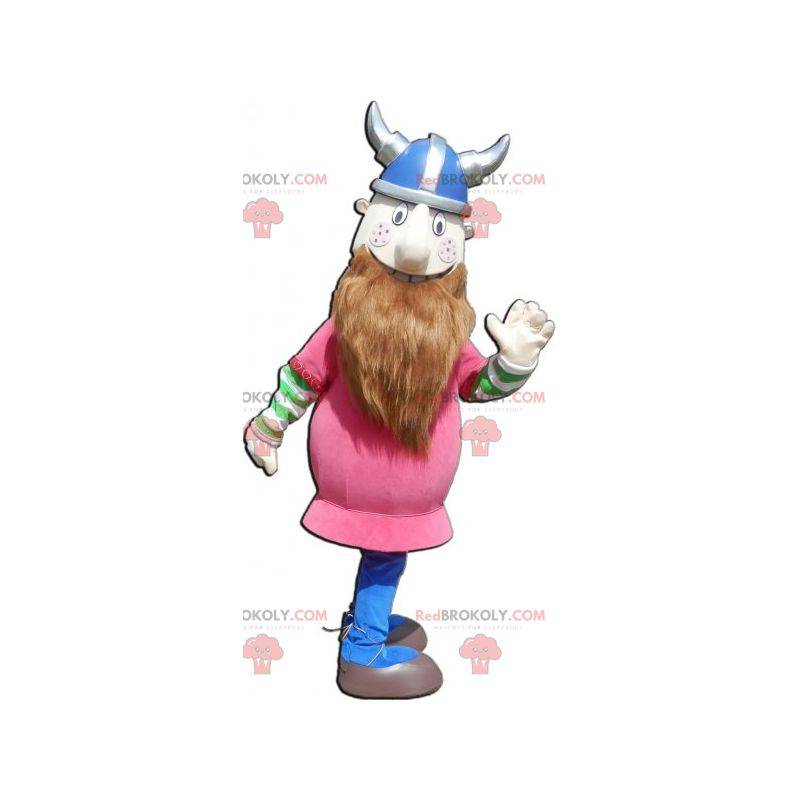 Mascote Viking barbudo vestido de rosa com um capacete -