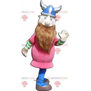 Mascote Viking barbudo vestido de rosa com um capacete -