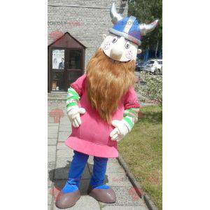 Mascota vikinga barbuda vestida de rosa con casco -