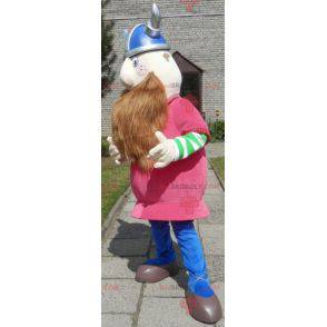 Mascota vikinga barbuda vestida de rosa con casco -