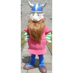 Mascote Viking barbudo vestido de rosa com um capacete -