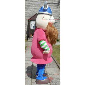 Mascota vikinga barbuda vestida de rosa con casco -